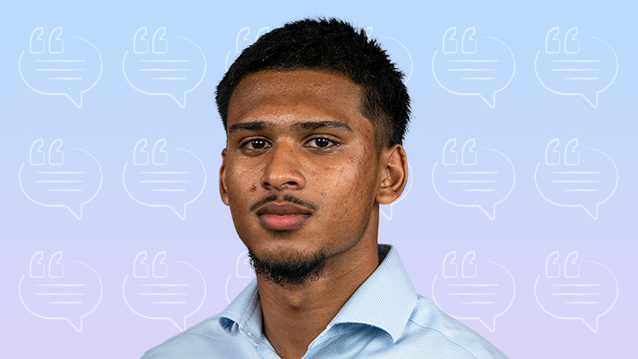 Portrait of Aaqil Ullah wearing a light blue collared shirt against a patterned light blue background with quote speech bubble icons.