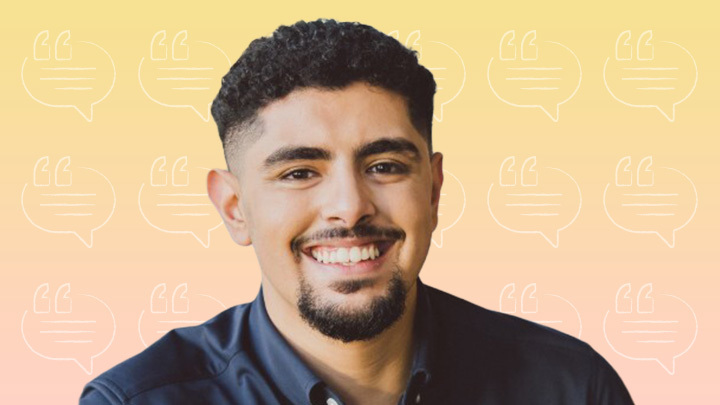 Ahmed Ali, award-winning finance apprentice at Lloyds Banking Group, smiling against a yellow and pink gradient background with speech bubble icons.
