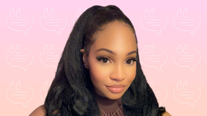Headshot of Amia Hill, smiling, against a soft pink gradient background with speech bubble icons.