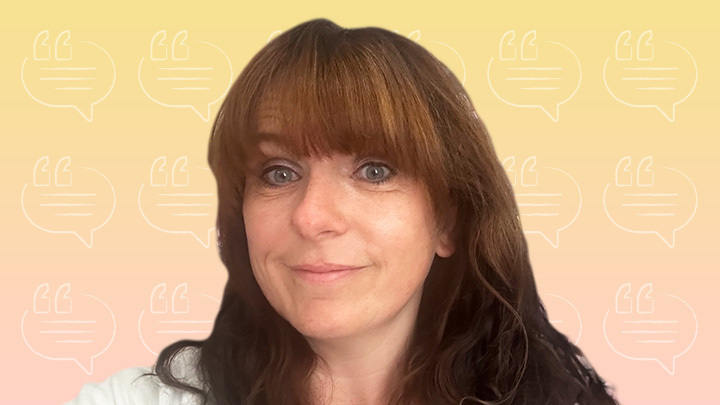 Headshot of learner Amy Needs, set against a background featuring speech bubble icons.