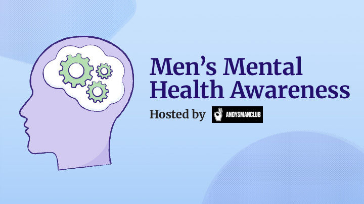 Graphic of head with cogs in brain, next to text Men's Mental Health Awareness