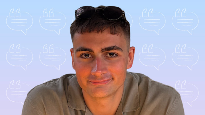 Portrait of Callum Howard smiling, against a light blue quote-bubble background.