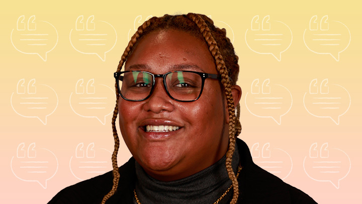 Headshot of Ciccone Blackwood, smiling and wearing glasses, against a warm yellow and cream gradient background with speech bubble icons.