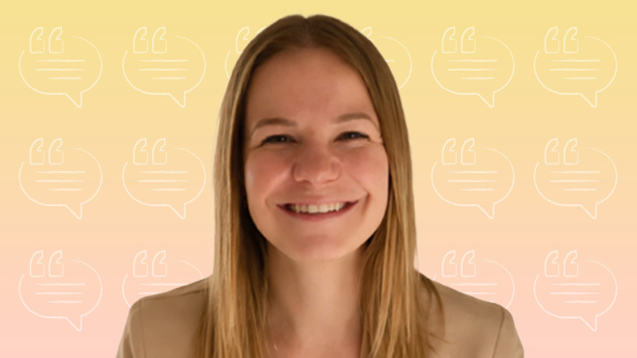 Hannah Taylor, newly ACCA qualified finance professional, smiling against a yellow and pink gradient background with speech bubble icons.
