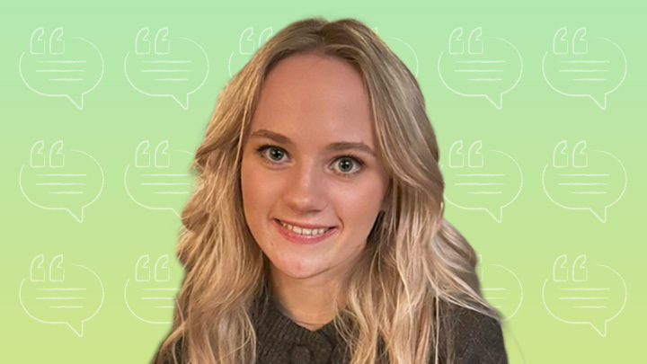 Headshot of Jasmine Wells, an accountancy apprentice at Azets, smiling against a light green background featuring speech bubble icons.
