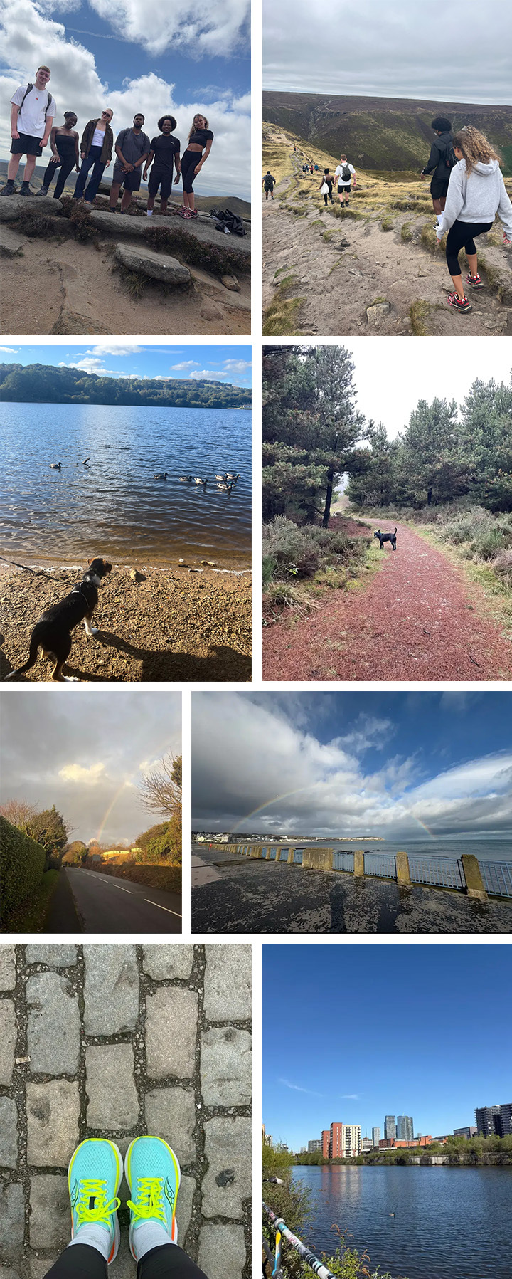 Collage of images from the Kaplan movement challenge, including people hiking, walking dogs, pictures across water, and a rainbow