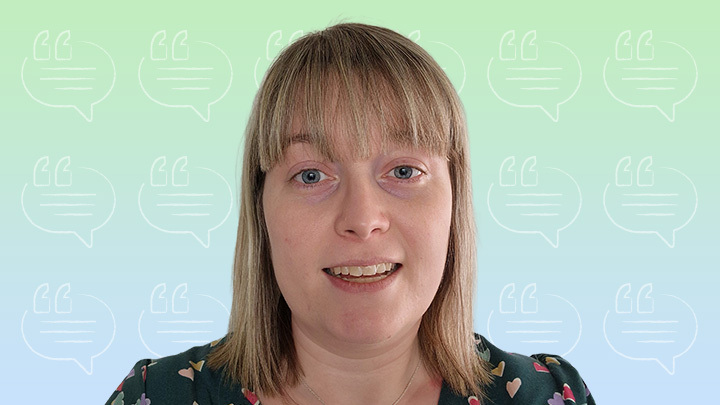 Natalie Coutts, newly qualified ACCA member, smiling against a mint green and white gradient background with speech bubble icons.