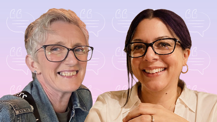 Headshots of Tina Waldock and Linda Greengrass, both smiling and wearing glasses, against a soft pink and purple gradient background with speech bubble icons.