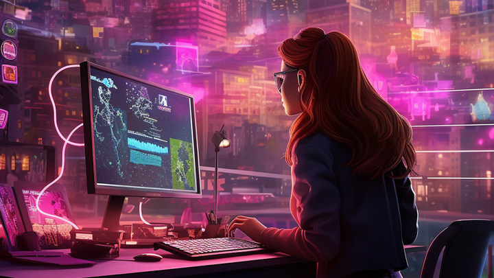 Comic style graphic of woman at computer
