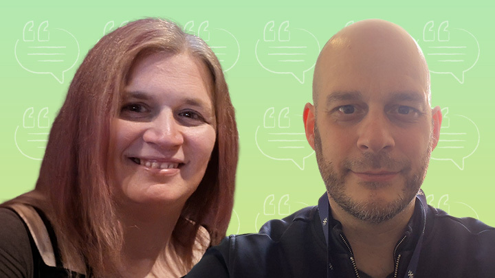 Headshot of Zara and David smiling against a light green background patterned with quotation mark icons.
