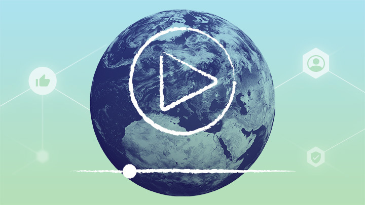 a blue and green duotone overlaying a full shot of the earth with a webinar play icon in the centre