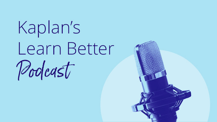 Blue microphone with text Kaplans learn better podcast