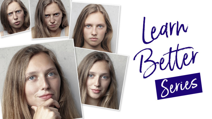 Headshots of woman going from grumpy to happy