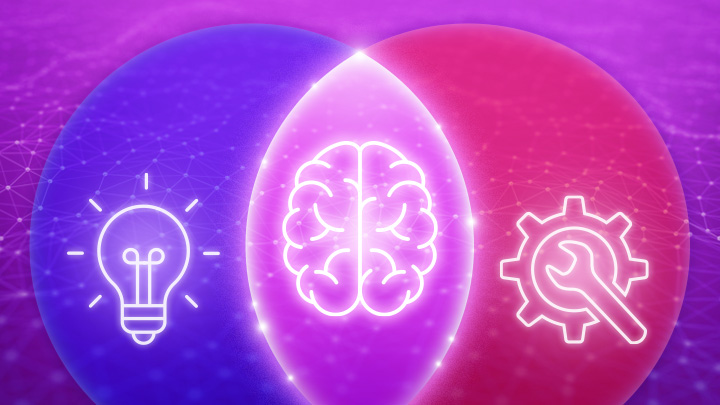 Red and blue merging to create purple, with a lightbulb, brain, and tools drawings