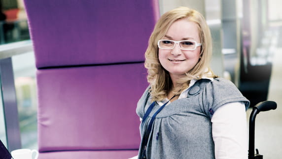 A woman in a wheelchair