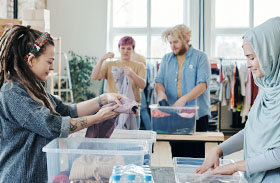 A group of people organising clothes into boxes