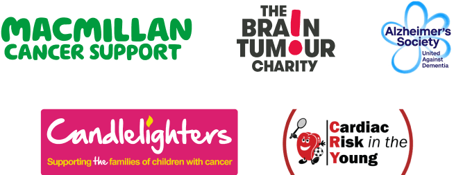 The logos of Macmillan cancer support, the Brain tumor charity, Alzheimer's society, Candlelighters and cardic risk in the young