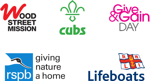 The logos of Wood street mission, Cubs, Give and gain day, RSPB and RNLI