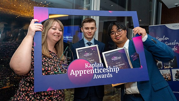 Kaplan Apprenticeship Awards 2024 - Louise McKeon (Data and Technology Winner), Tom Talbot (Banking and Finance Level 6 Highly Commended), and Greg Cabrera (Citizenship, Highly Commended).