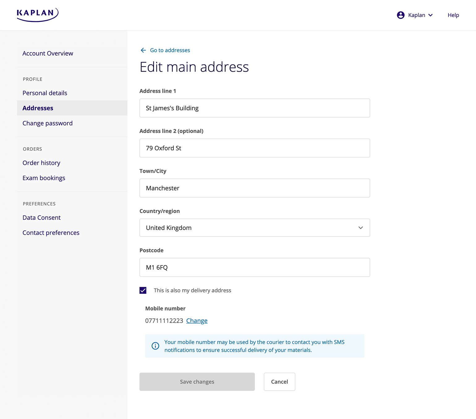 Students shipping address Kaplan UK