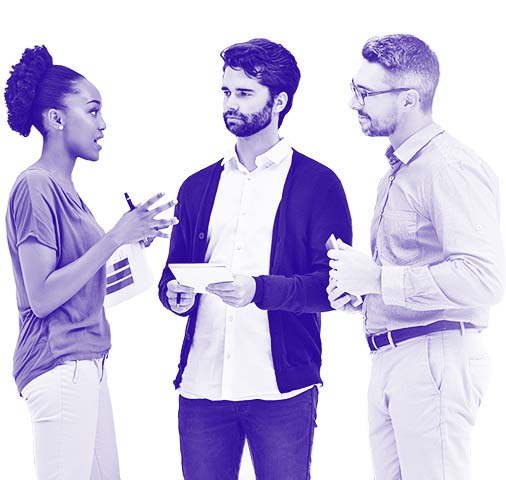 A woman and two men talking