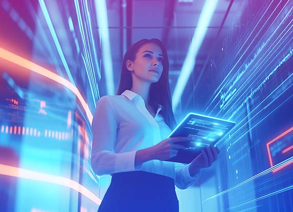 A woman in a professional white shirt and a black skirt is holding a tablet and looking up in a room with a lot of blue and orange light and glowing data streams.
