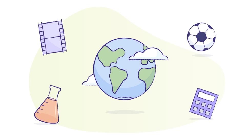 A piece of celluoid film, a lab flask, globe, football and calculator