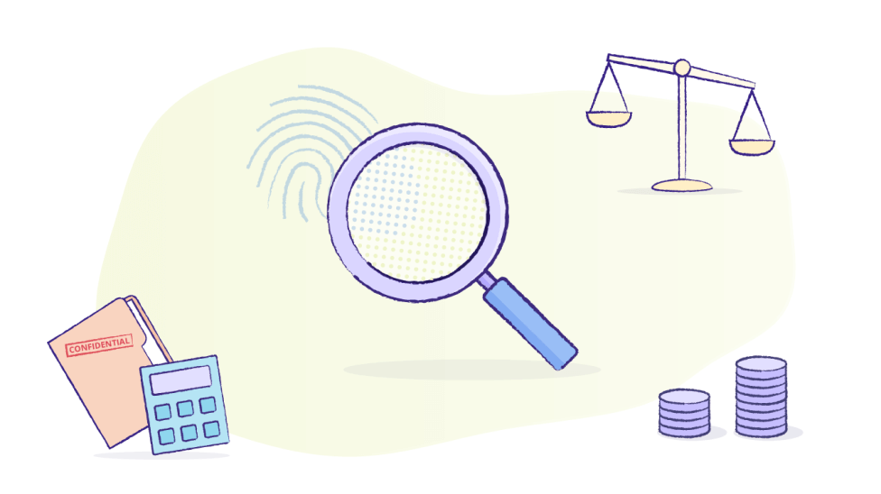 A calculator, magnifying glass, balance scales and coins