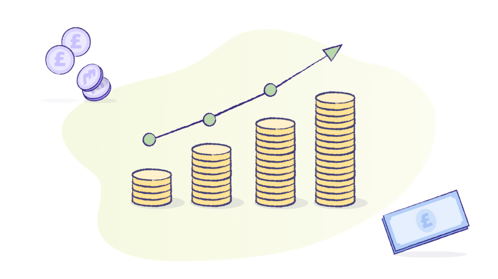 Pound coins and notes, four stacks of coins increasing in size