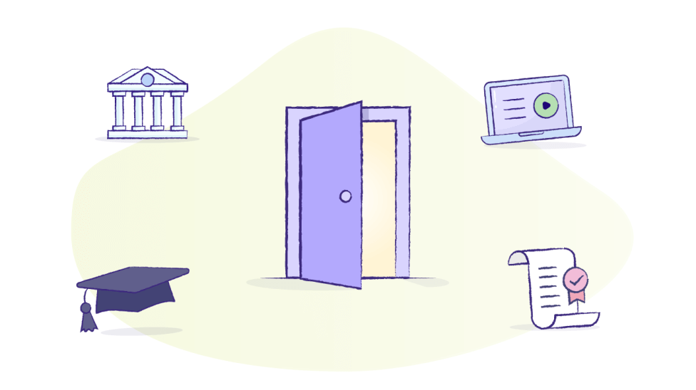 A bank symbol, graduation cap, open door, laptop and certificate