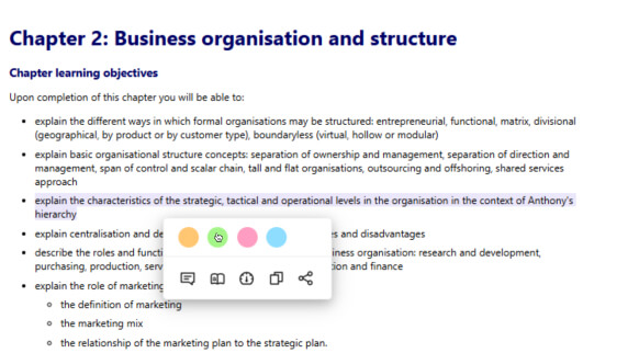 Chapter 2: Business organisation and structure with bulleted learning objectives and a highlighted portion showing how you can highlight sections in different colours.