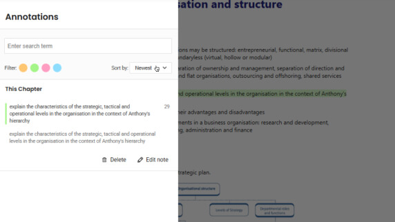 A digital textbook page titled Business organisation and structure. Features annotations, search bar, and annotation section with options to add, edit, and delete notes.