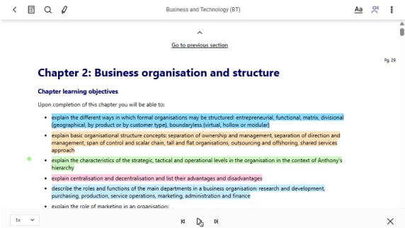 Business organisation and structure with read aloud feature. Including language selector, speed rate and play pause controls.