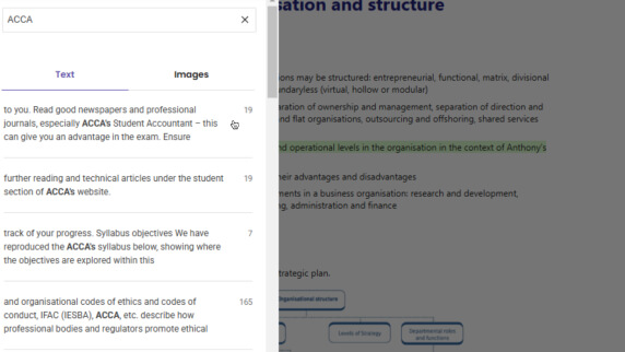 Search function with ACCA search term with ability to filter text and images for ACCA Business and Technology.