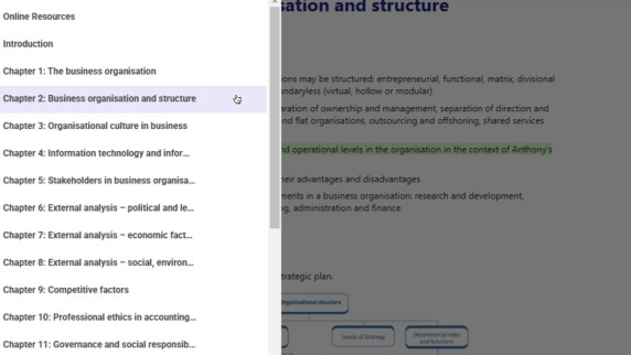 Table of contents feature being used to navigate the Business and Technology learning material.