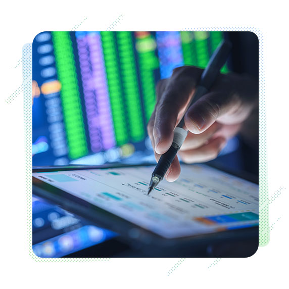 A hand working on a tablet in front of a digital background 