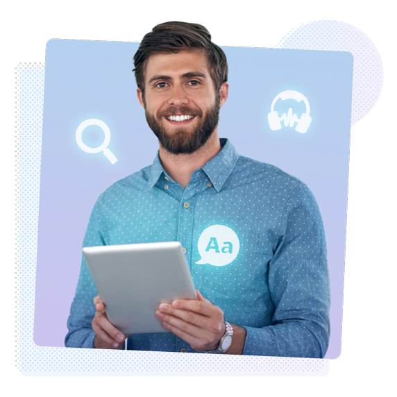 Smiling man holding a tablet