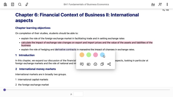 Left: Chapter 6: Financial Context of Business II: International Aspects with bulleted learning objectives and a highlighted portion discussing exchange rate changes.