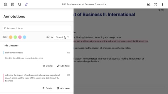 A digital textbook page titled Fundamentals of Business Economics. Features annotations, search bar, and annotation section with options to add, edit, and delete notes.