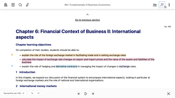 Financial Context of Business II: International Aspects with read aloud feature. Including language selector, speed rate and play pause controls.