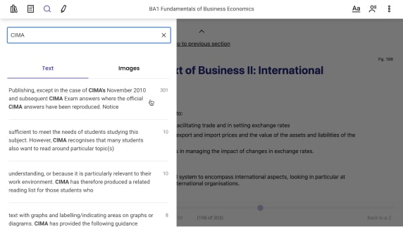 Search function with CIMA search term with ability to filter text and images for CIMA BA1.