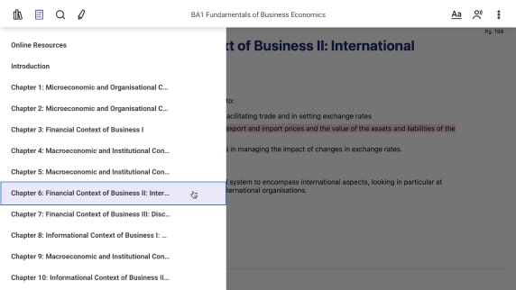 Table of contents feature being used to navigate the Fundamentals of Business Economics learning material.