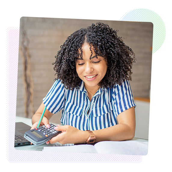 Woman holding a pen and calculator