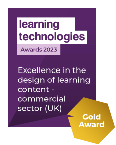 Learning Technologies Gold Award 2023. Excellence in the design of learning content - commercial sector (UK) logo.